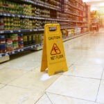 Slip and fall warning sign in Deerfield Beach grocery store.