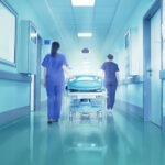 Two nurses pushing a hospital bed down a corridor.