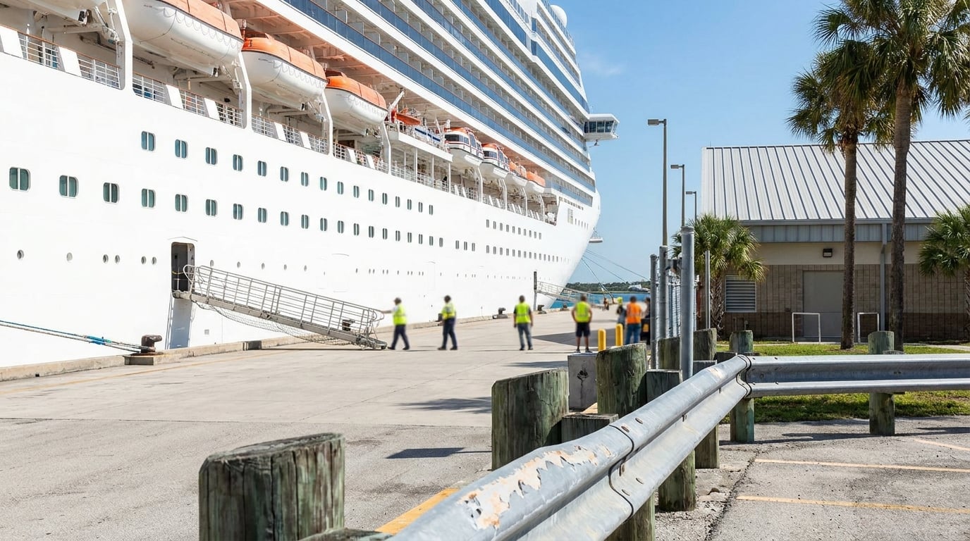 large cruise ship docked at port with workers in safety vests on pier