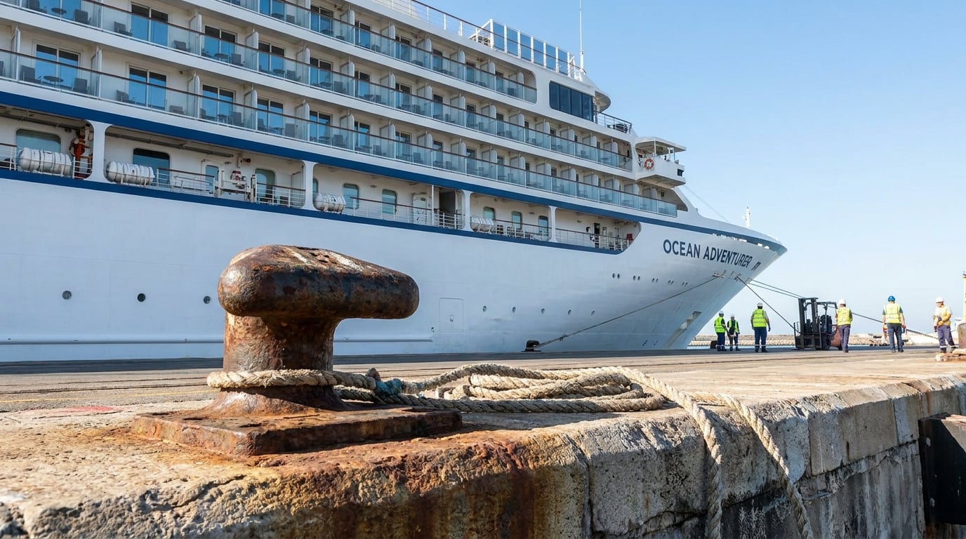 Ocean Adventurer cruise ship docked at port with mooring bollard and dock workers