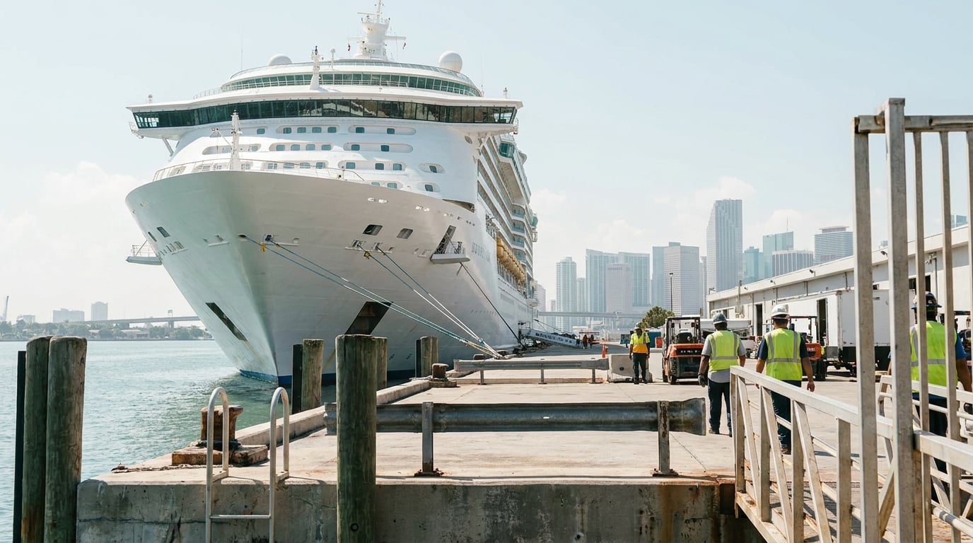 large cruise ship docked at port with workers in safety vests on pier