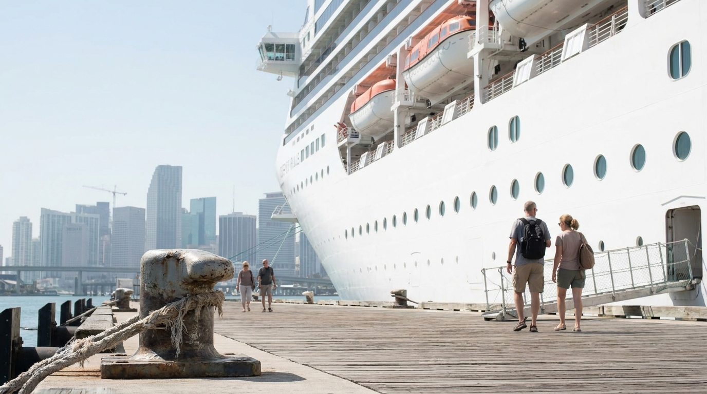 passengers walking along dock beside large cruise ship moored at port