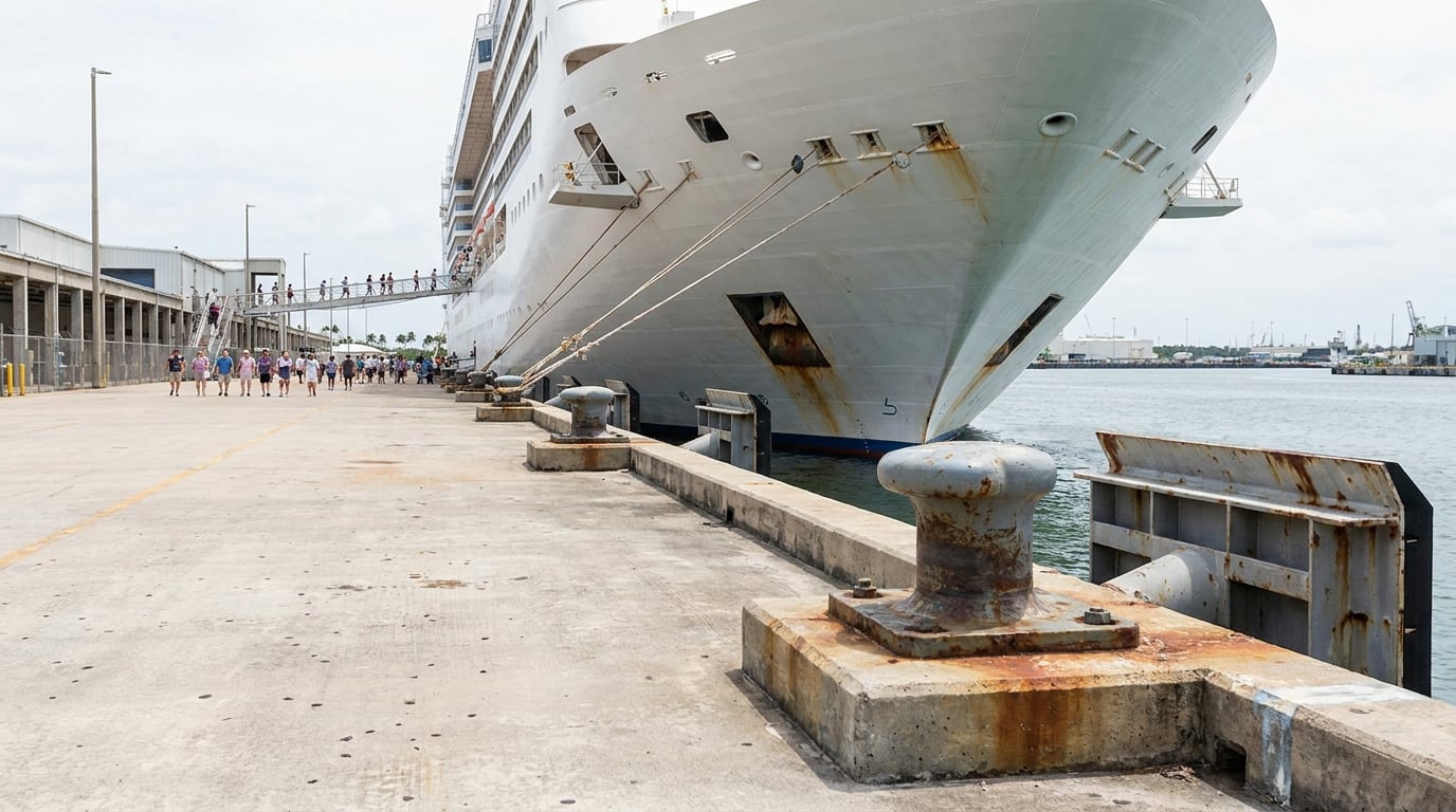 large cruise ship docked at port with passengers walking along pier