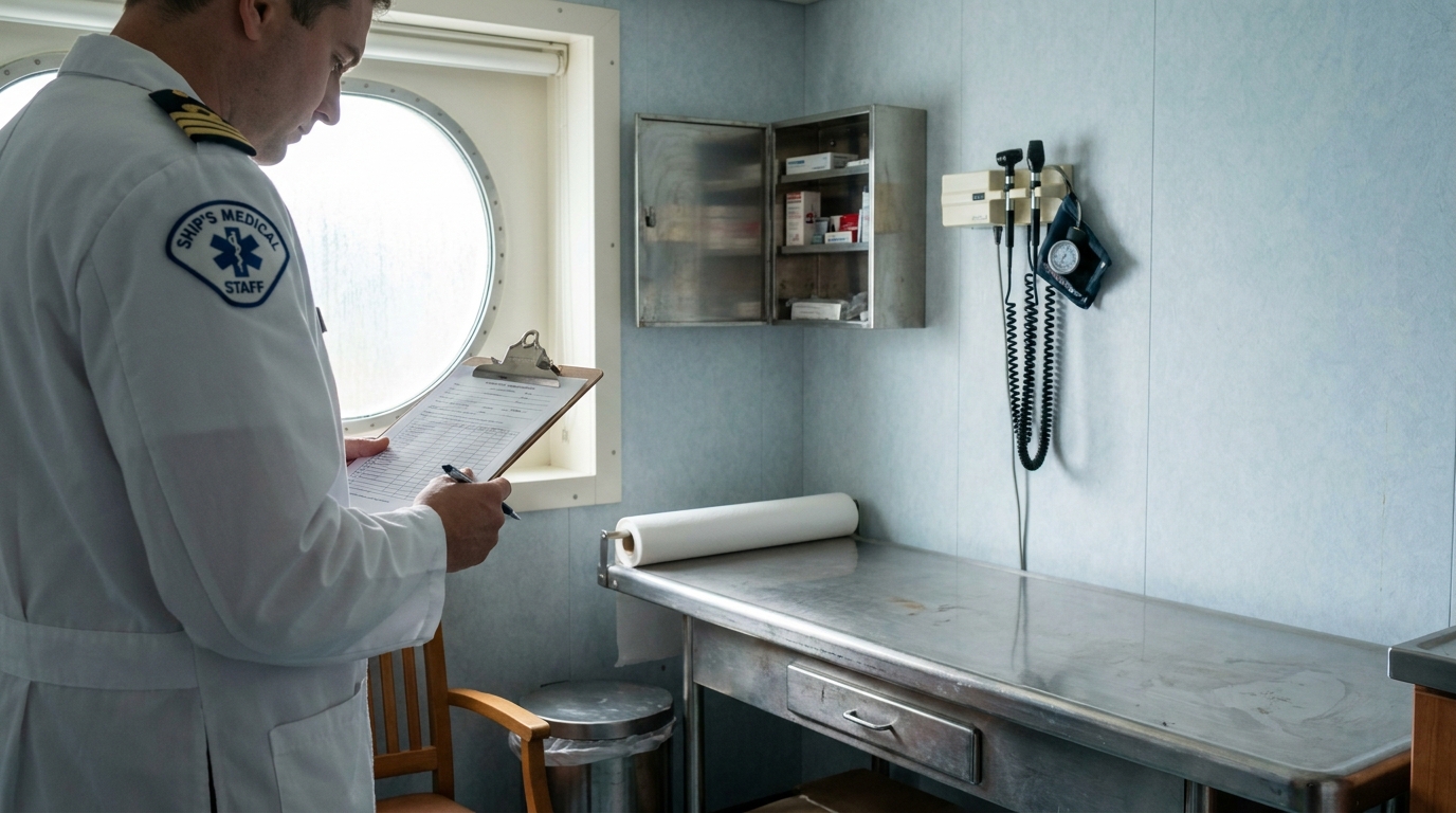 Ship's Medical Staff member reviewing clipboard in cruise ship medical bay