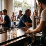 bartender in apron wiping bar counter near draft beer tap handles