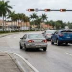 multiple vehicles approaching busy Florida intersection with red traffic signals overhead