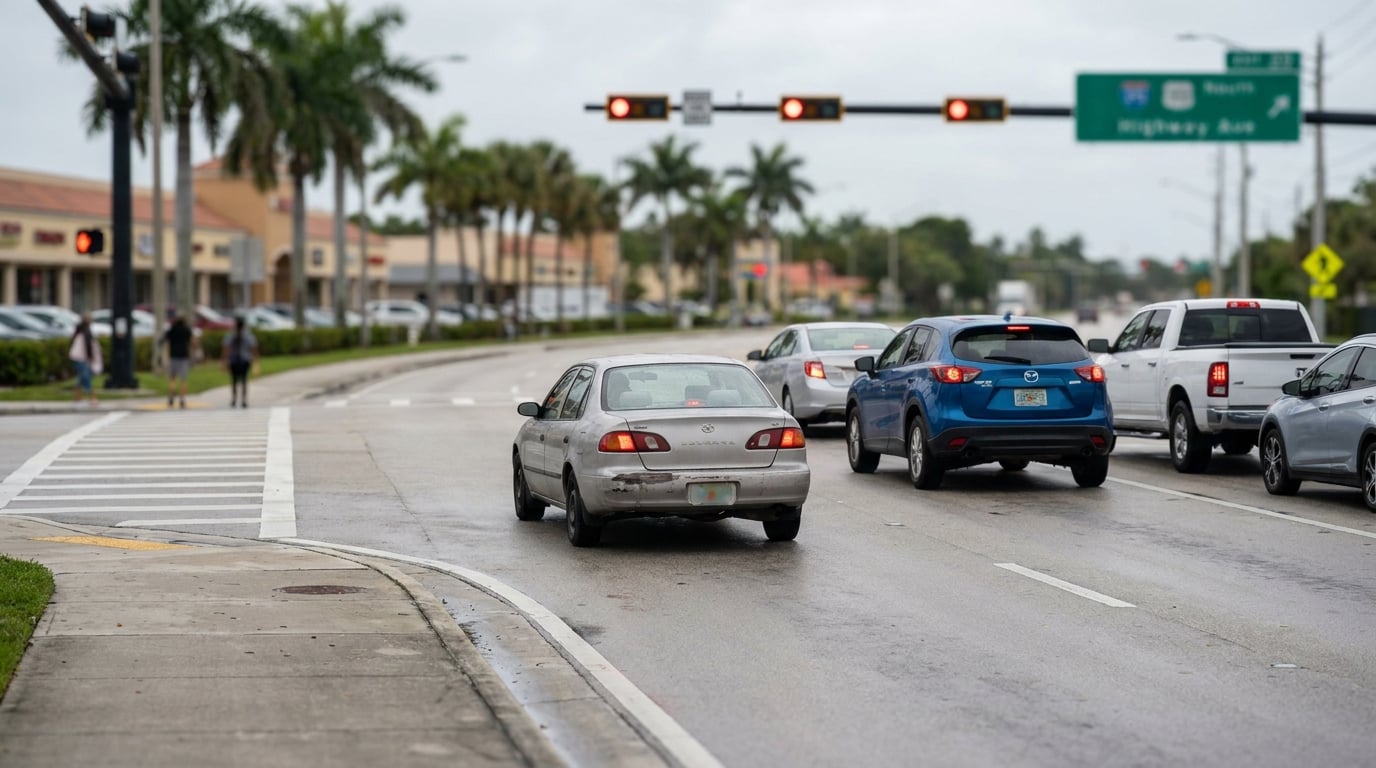 multiple vehicles approaching busy Florida intersection with red traffic signals overhead