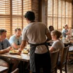 server in apron attending to diners seated at restaurant tables
