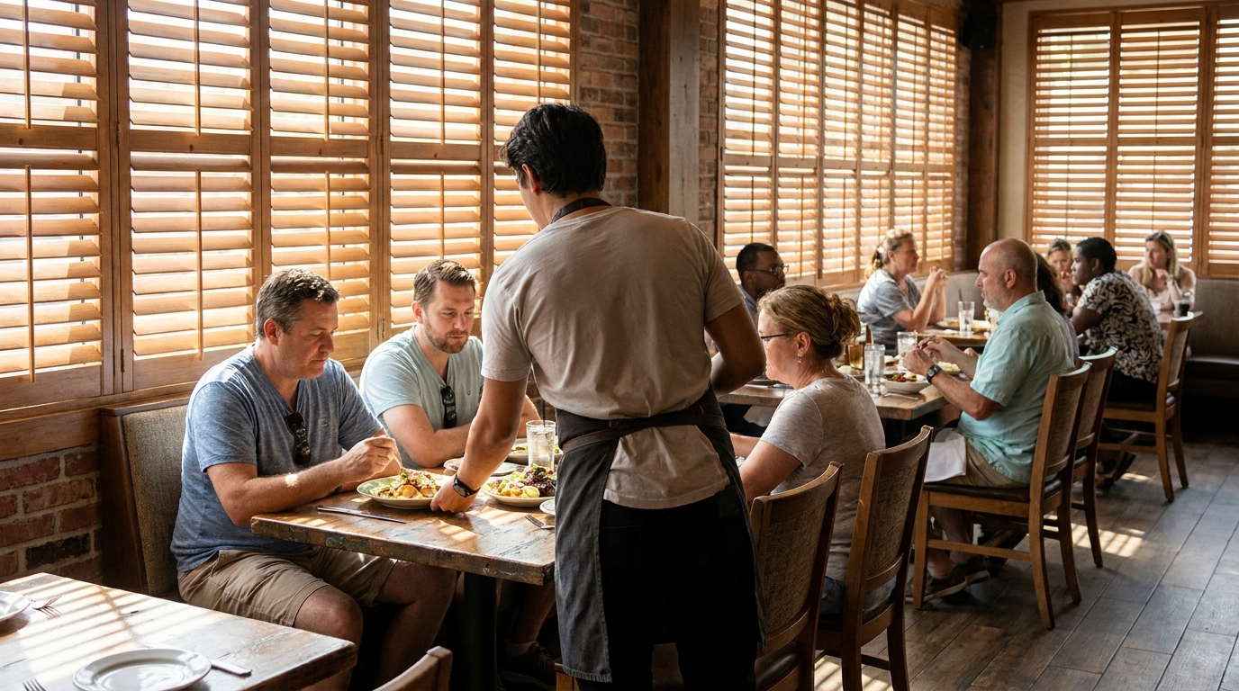 server in apron attending to diners seated at restaurant tables