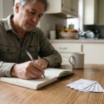 middle-aged man writing in notebook at kitchen table with documents nearby