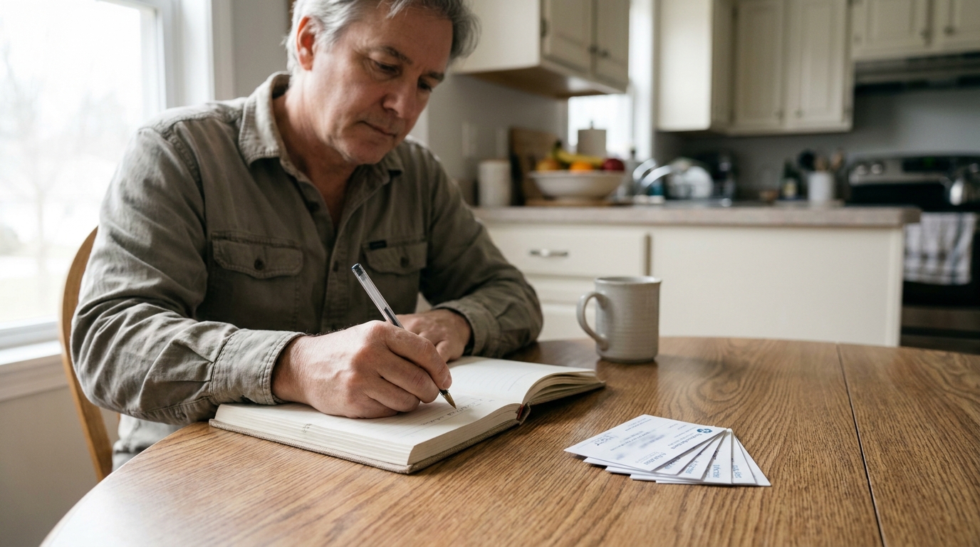 middle-aged man writing in notebook at kitchen table with documents nearby