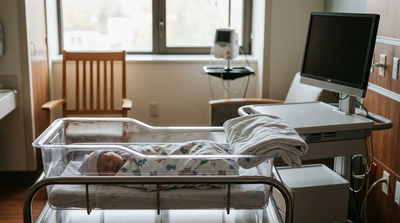 newborn infant resting in hospital bassinet beside medical monitoring equipment