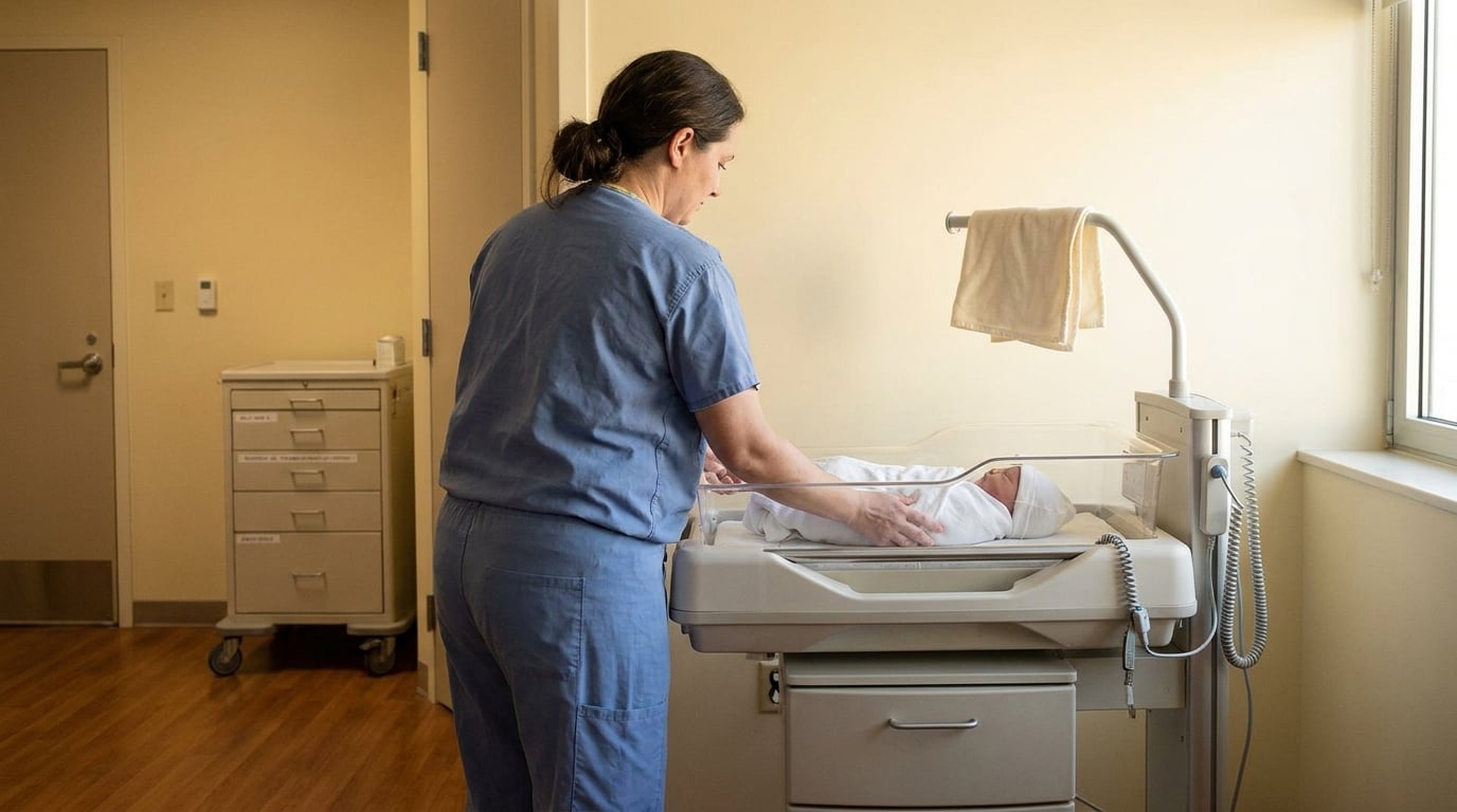 nurse in scrubs tending to swaddled newborn in hospital bassinet