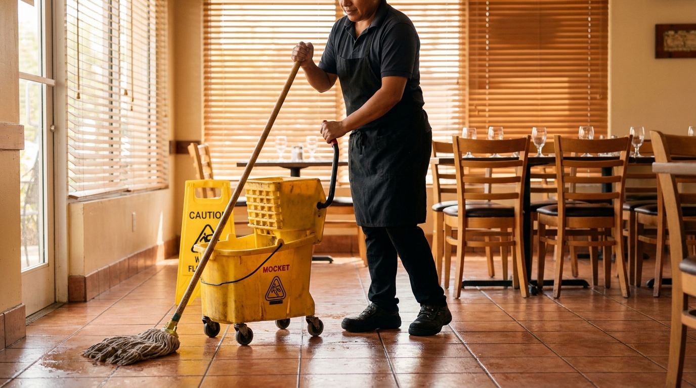 restaurant worker mopping tile floor beside caution wet floor mop bucket