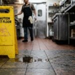 Caution Wet Floor sign on wet tile floor in commercial kitchen with worker