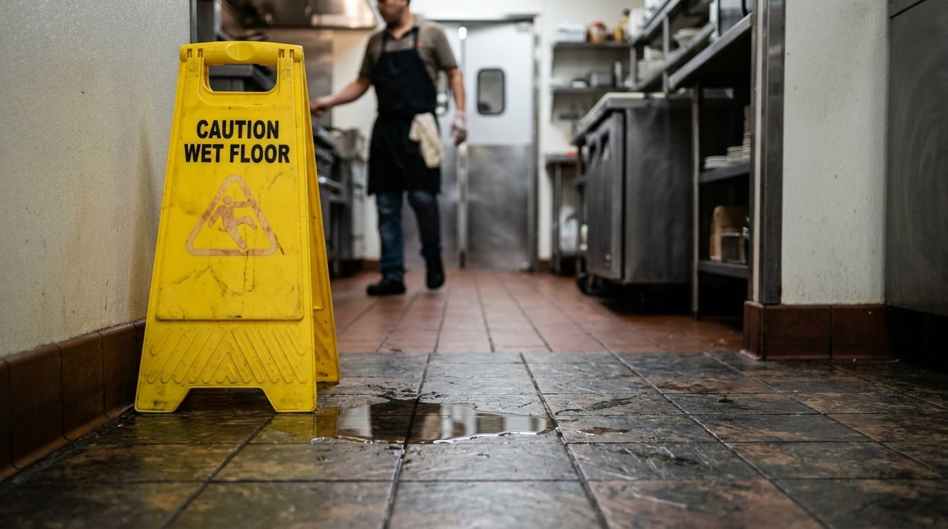 Caution Wet Floor sign on wet tile floor in commercial kitchen with worker