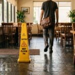Caution wet floor sign in restaurant as person walks past