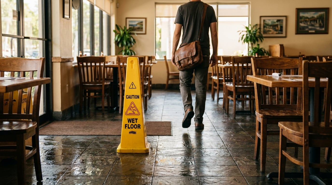 Caution wet floor sign in restaurant as person walks past
