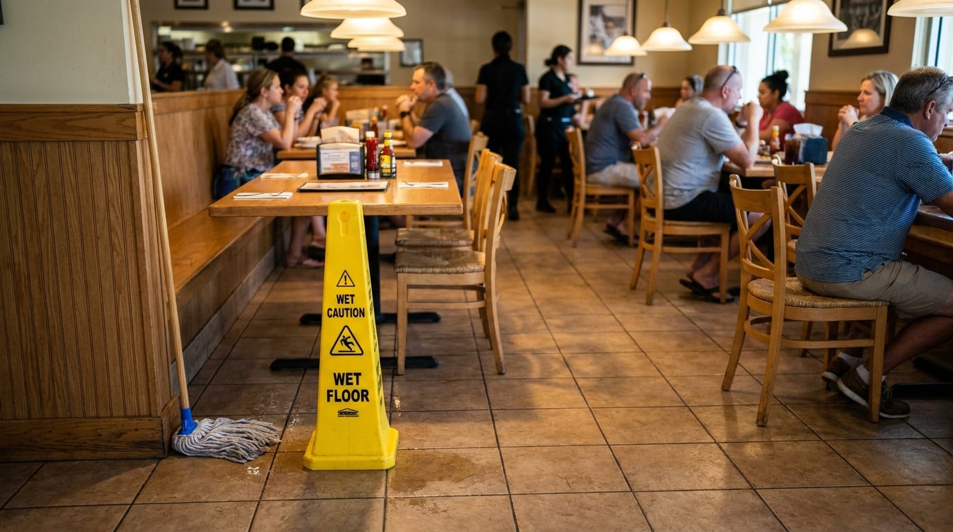 Wet Floor caution sign beside mop on restaurant tile floor with diners seated nearby