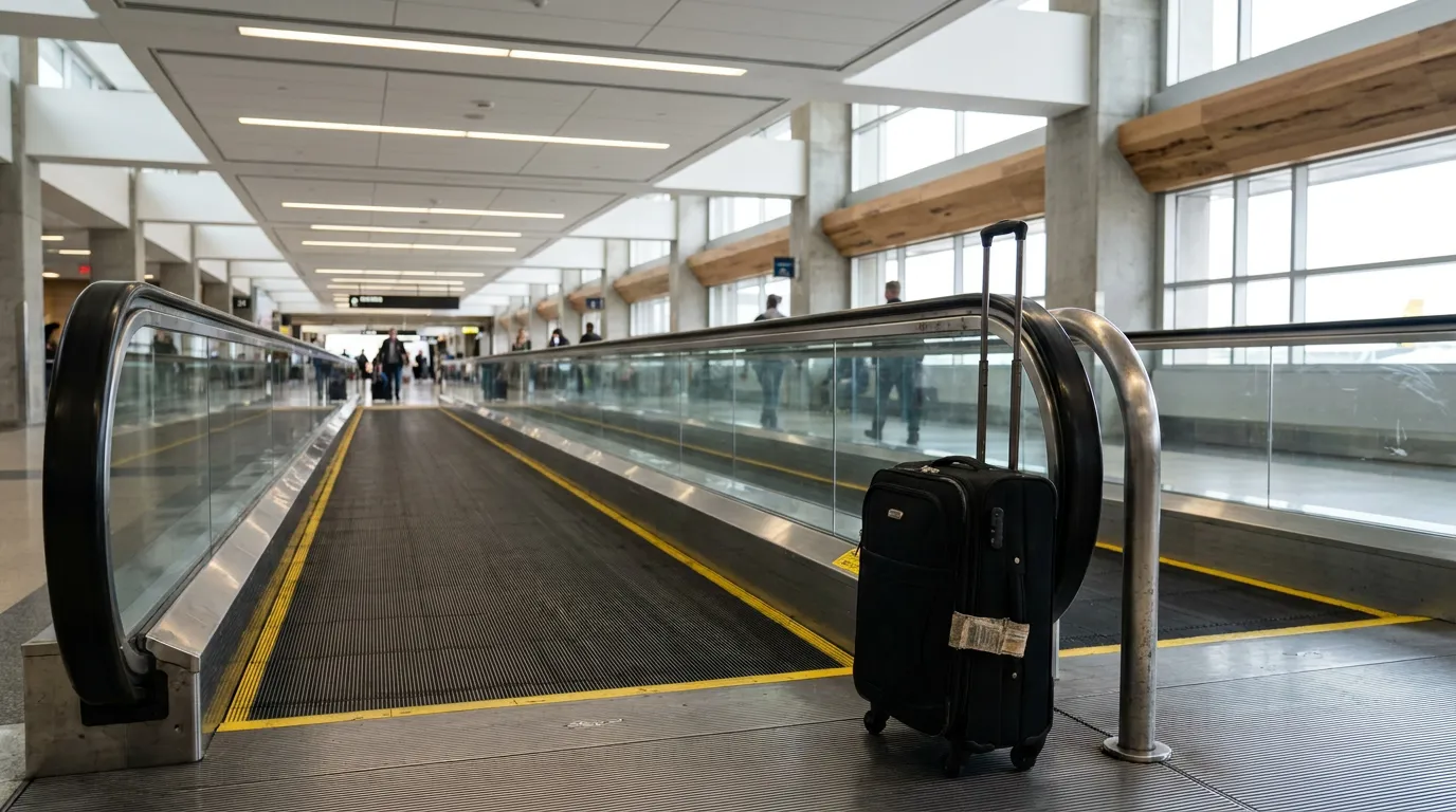rolling suitcase with luggage tag beside airport moving walkway terminal