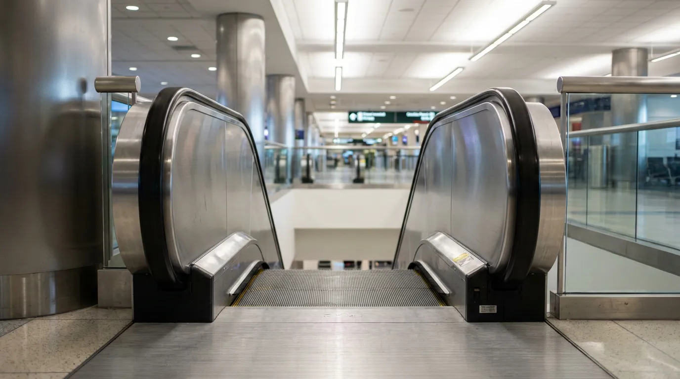 escalator entry point inside large public airport terminal with directional signage