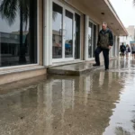 pedestrian navigating flooded sidewalk outside commercial storefront after heavy rain
