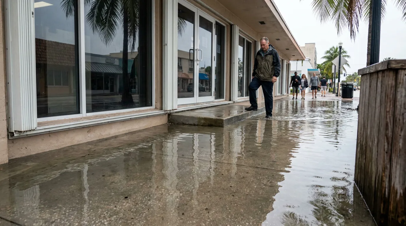 pedestrian navigating flooded sidewalk outside commercial storefront after heavy rain