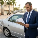 suited attorney reviewing clipboard documents beside damaged sedan on city street
