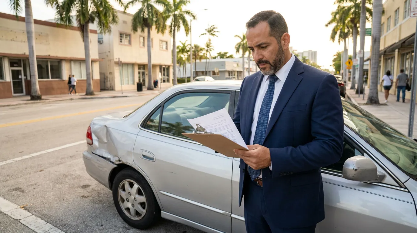 suited attorney reviewing clipboard documents beside damaged sedan on city street