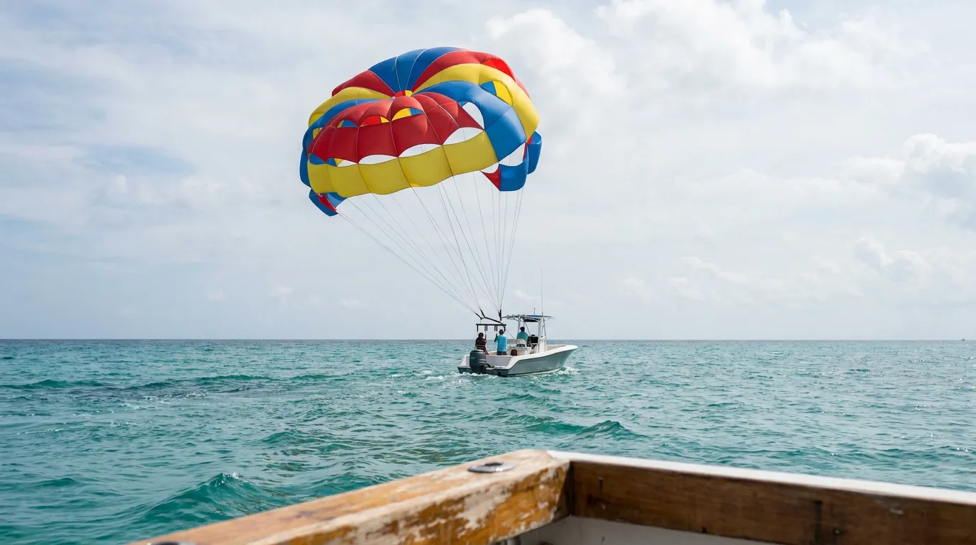 parasail canopy towed by motorboat with passengers over open ocean waters