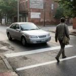 pedestrian crossing street crosswalk as sedan approaches urban intersection