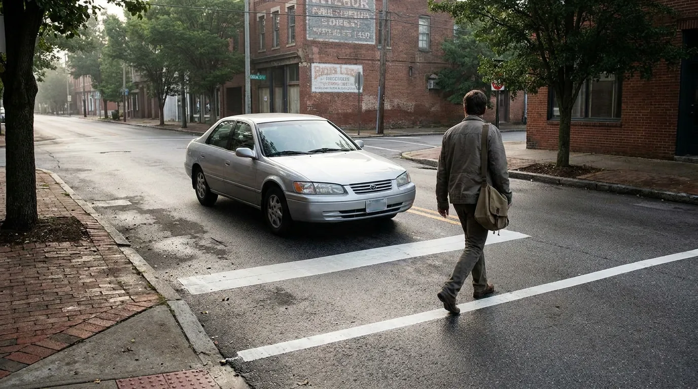 pedestrian crossing street crosswalk as sedan approaches urban intersection