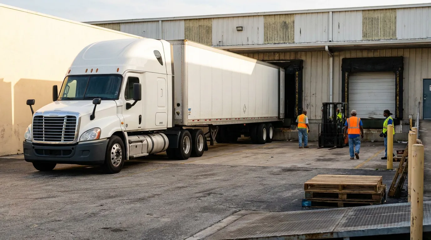 semi-truck backing into warehouse loading dock with workers in safety vests nearby