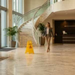 caution wet floor sign in marble lobby with woman walking nearby staircase