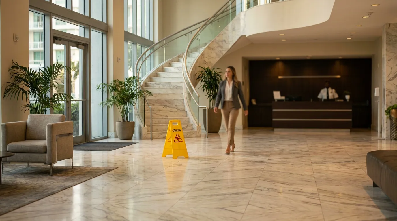caution wet floor sign in marble lobby with woman walking nearby staircase
