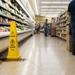 caution wet floor sign beside puddle in grocery store aisle