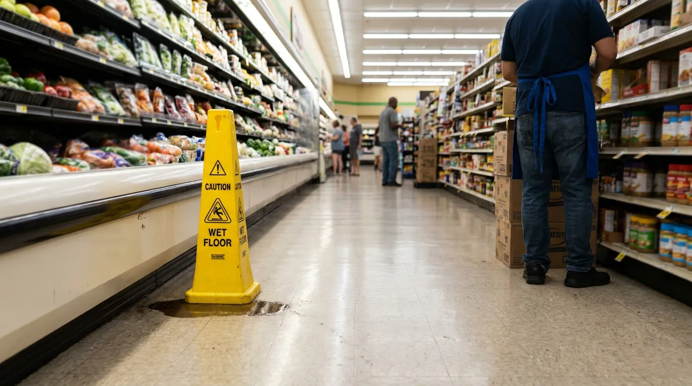 caution wet floor sign beside puddle in grocery store aisle
