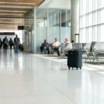 Caution Wet Floor sign on airport terminal floor near luggage and seating area