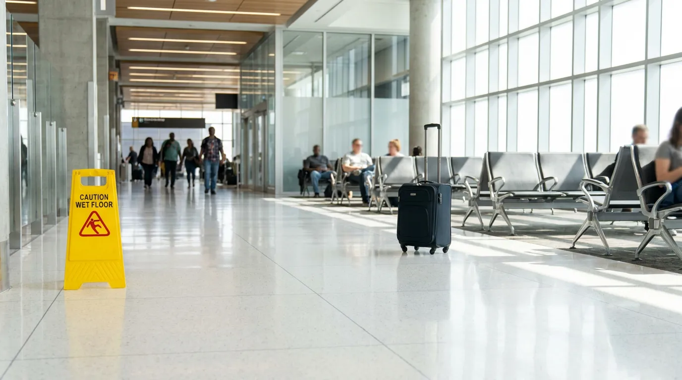 Caution Wet Floor sign on airport terminal floor near luggage and seating area