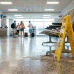 Caution wet floor sign beside liquid spill in airport terminal seating area