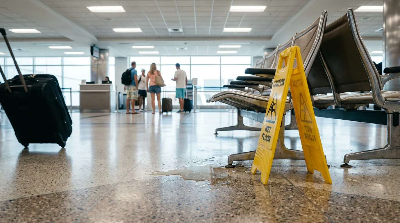 Caution wet floor sign beside liquid spill in airport terminal seating area