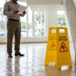 Caution Wet Floor signs on wet tile near staircase with man reading document