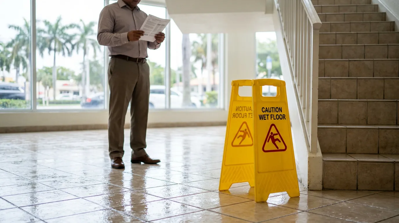 Caution Wet Floor signs on wet tile near staircase with man reading document