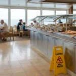 Caution Wet Floor sign on cruise ship buffet dining area floor