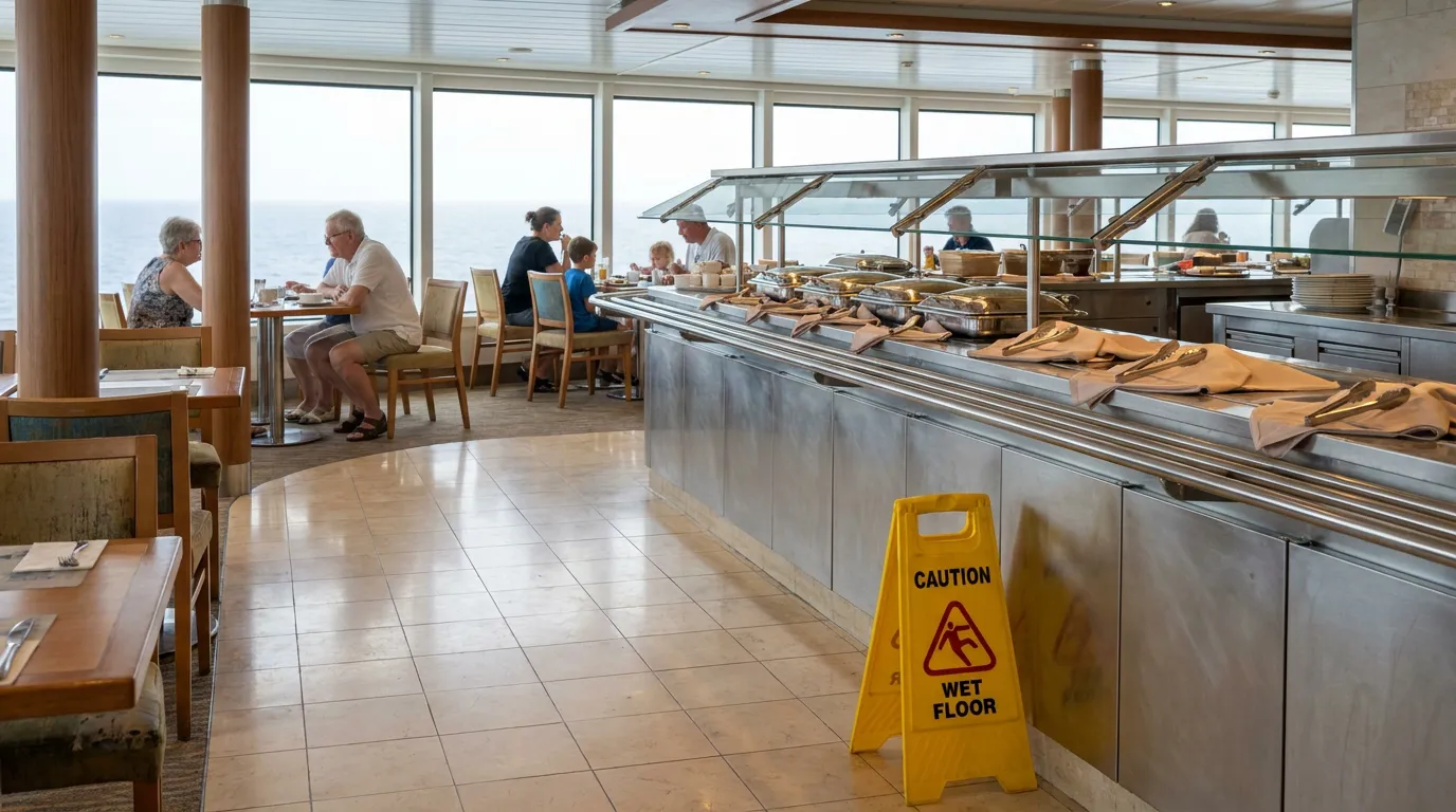 Caution Wet Floor sign on cruise ship buffet dining area floor