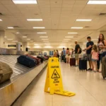 Caution Wet Floor sign beside airport baggage claim carousel with travelers