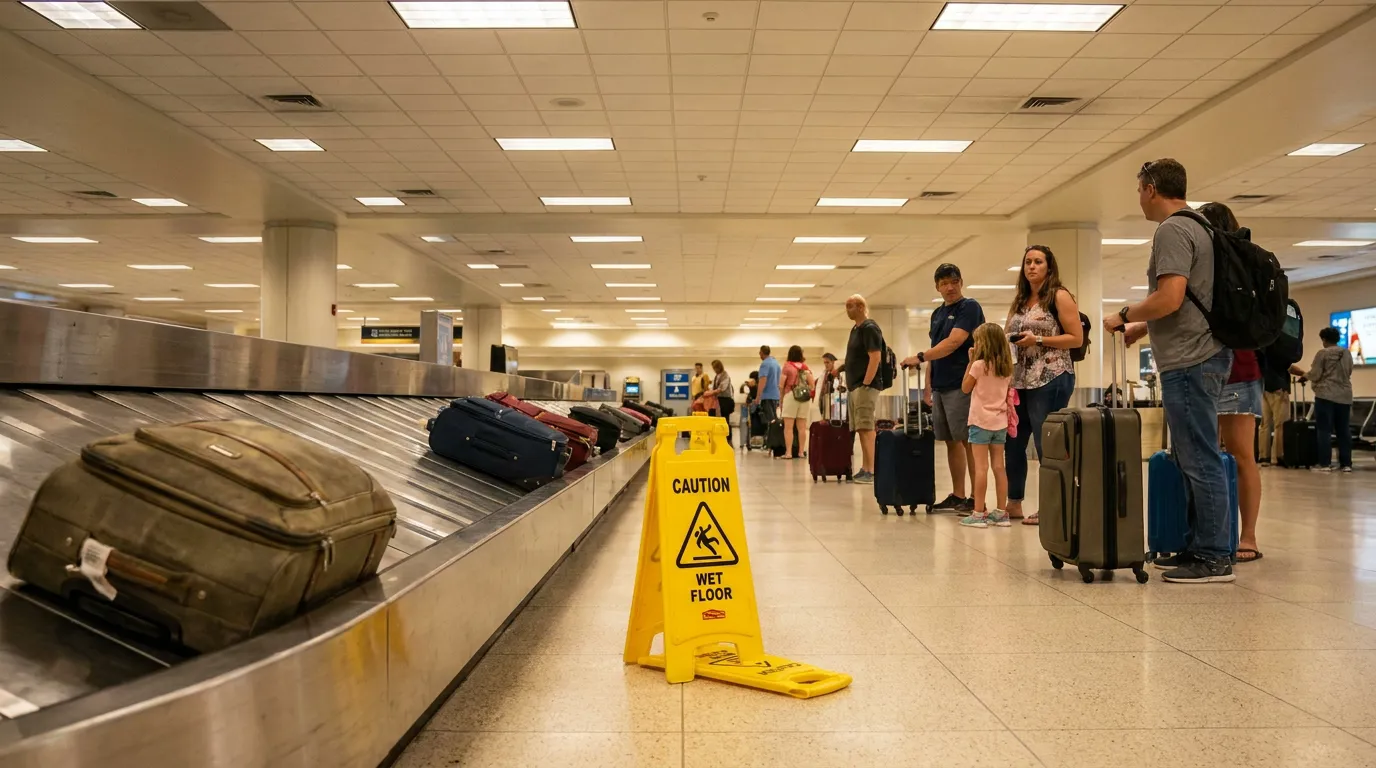 Caution Wet Floor sign beside airport baggage claim carousel with travelers