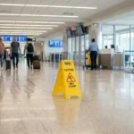 Caution Wet Floor sign on polished airport terminal floor with travelers walking