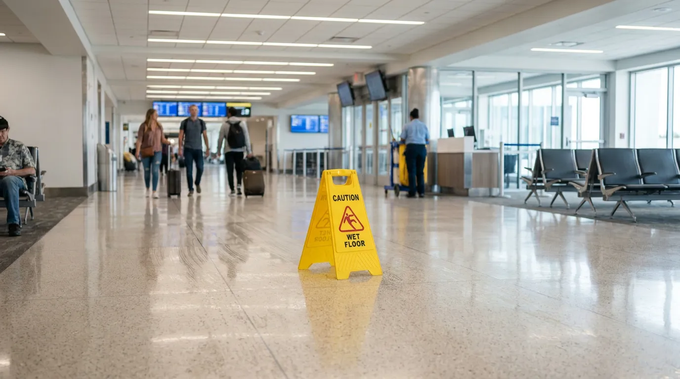 Caution Wet Floor sign on polished airport terminal floor with travelers walking
