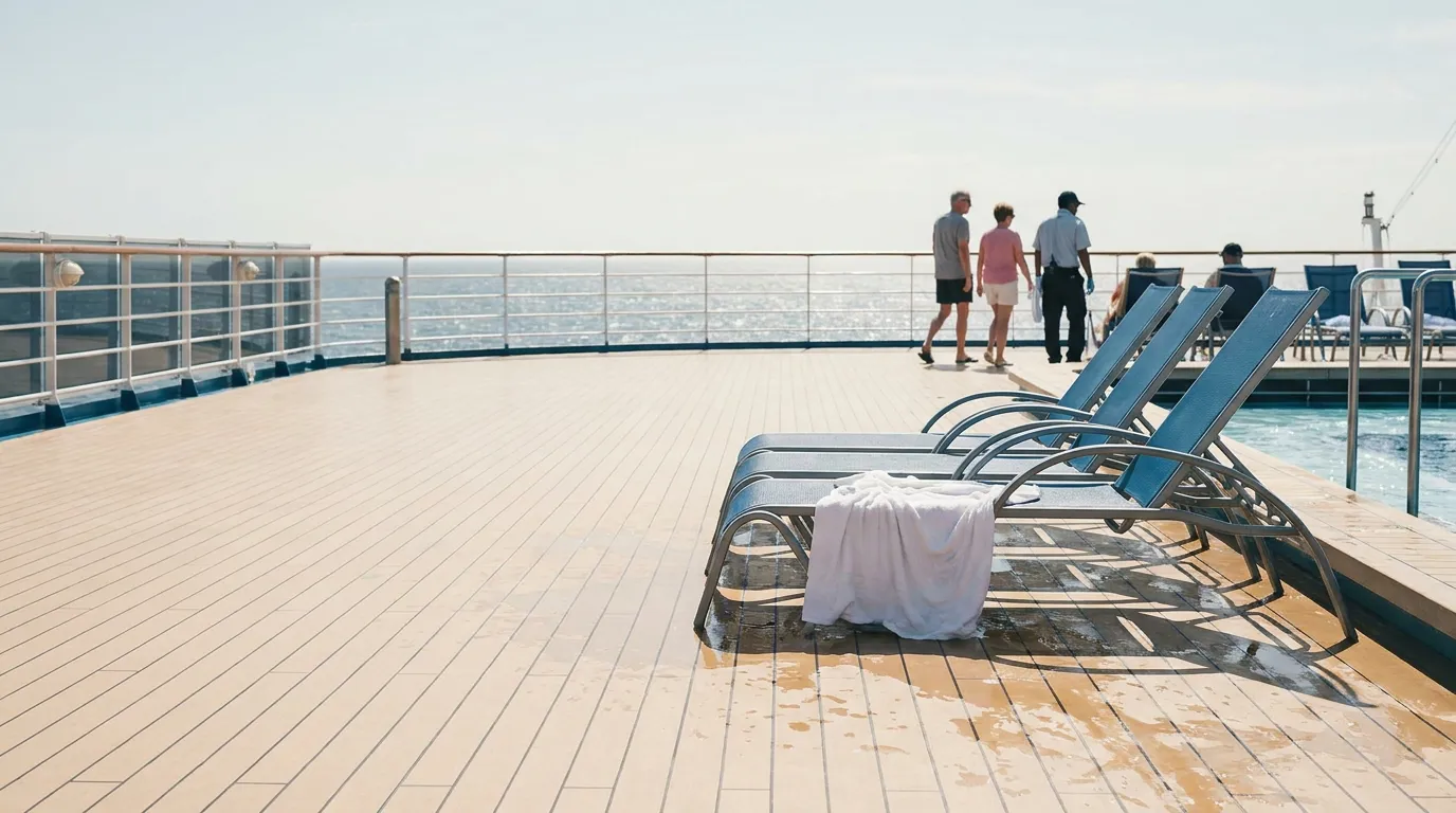cruise ship deck with lounge chairs, towel, pool, and passengers near railing